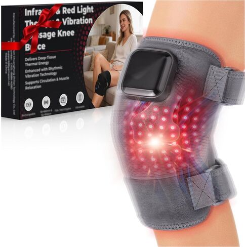 Red Light Therapy Knee Brace: Black Cordless Vibration Knee Massager for Knee Pain Relief with Heat, 6000mAh Rechargeable Near Infrared Light Device 660nm & 850nm for Knee Shoulder Elbow, Ideal Gift in Saudi Arabia