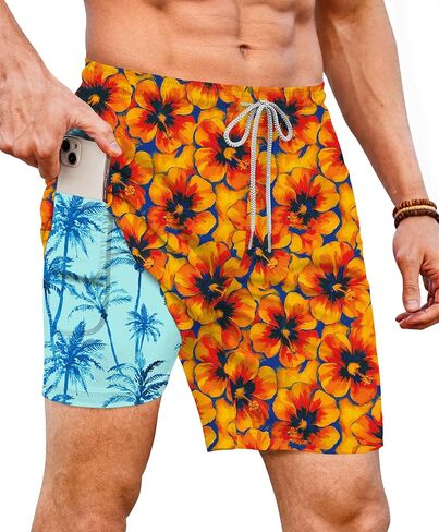Men 2 in 1 Swim Trunks with Compression Liner 7 Inch Inseam Board Shorts with Zipper Pocket(S-XXL) in Saudi Arabia