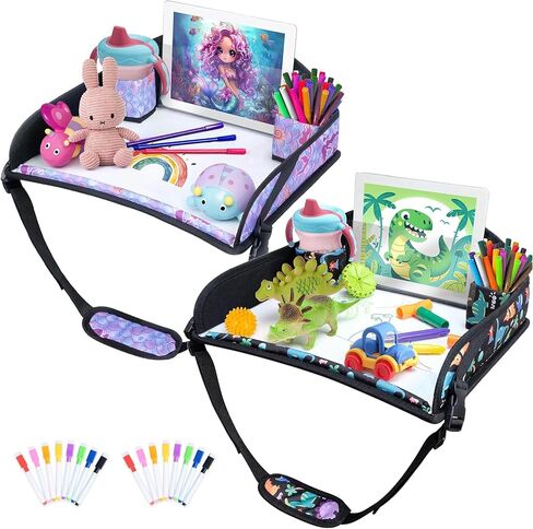 Kids Travel Tray for Carseat with Tablet Stand, 2PCS (Dinosaur & Mermaid) | With 16.7" x 13.4" Smooth Dry Erase Board, Cup holders, Ddjustable Strap & Shoulder Carry Strap in Saudi Arabia