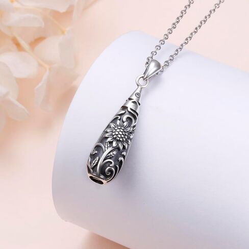 Flower Urn Necklace for Ashes 925 Sterling Silver Cylinder Bar Teardrop Shaped Tree of Life Necklaces Cremation Jewelry Ashes Pendant Loved One Keepsake Memorial Jewelry for Women in Saudi Arabia