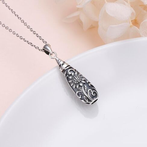 Flower Urn Necklace for Ashes 925 Sterling Silver Cylinder Bar Teardrop Shaped Tree of Life Necklaces Cremation Jewelry Ashes Pendant Loved One Keepsake Memorial Jewelry for Women in Saudi Arabia