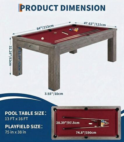 7 FT Pool Table, Complete Set with 2 Cues, 16 Balls, 2 Chalks, Triangle, Brush, Adult Game Billiard Table for Home Game Room Party, Professional Black Cloth, Rustic Grey Finish, 84 L x 46 W x 32 H in Saudi Arabia