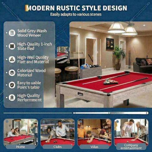 7 FT Pool Table, Complete Set with 2 Cues, 16 Balls, 2 Chalks, Triangle, Brush, Adult Game Billiard Table for Home Game Room Party, Professional Black Cloth, Rustic Grey Finish, 84 L x 46 W x 32 H in Saudi Arabia
