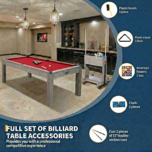 7 FT Pool Table, Complete Set with 2 Cues, 16 Balls, 2 Chalks, Triangle, Brush, Adult Game Billiard Table for Home Game Room Party, Professional Black Cloth, Rustic Grey Finish, 84 L x 46 W x 32 H in Saudi Arabia