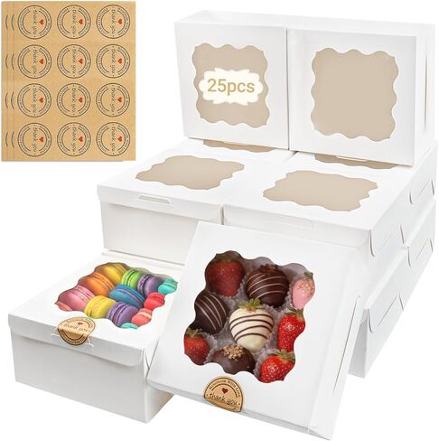50Pcs Cookie Boxes with Window,6X6X3 Inches Treat Boxes for Desserts Macaron Boxes, White Small Gift Boxes for Baked Goods Strawberry Boxes Cajas Para Postres(60 Stickers Included) in Saudi Arabia