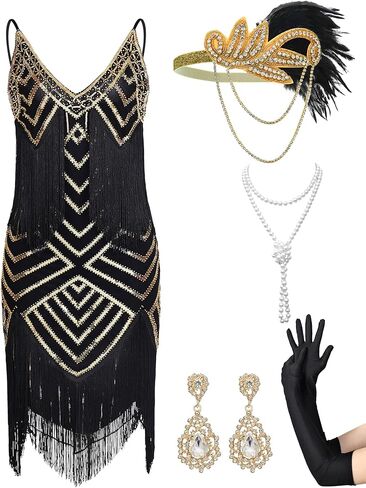 Womens 1920s Flapper Dress,V Neck Great Gatsby Fringe Cocktail Dress with 20s Accessories Set-Roaring 20s Costume in Saudi Arabia
