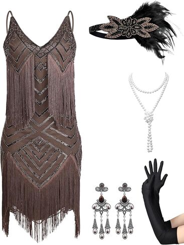 Womens 1920s Flapper Dress,V Neck Great Gatsby Fringe Cocktail Dress with 20s Accessories Set-Roaring 20s Costume in Saudi Arabia