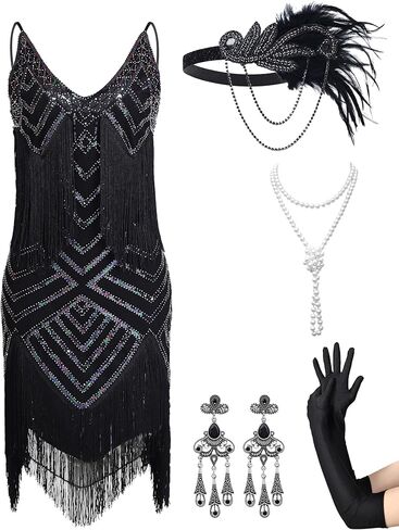 Womens 1920s Flapper Dress,V Neck Great Gatsby Fringe Cocktail Dress with 20s Accessories Set-Roaring 20s Costume in Saudi Arabia