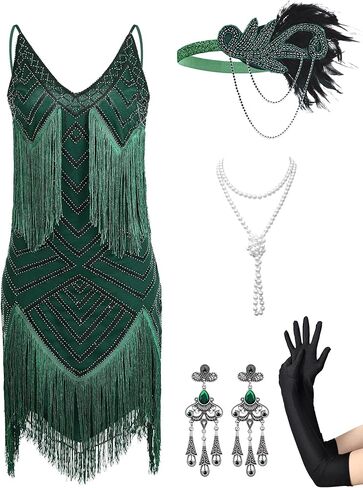 Womens 1920s Flapper Dress,V Neck Great Gatsby Fringe Cocktail Dress with 20s Accessories Set-Roaring 20s Costume in Saudi Arabia