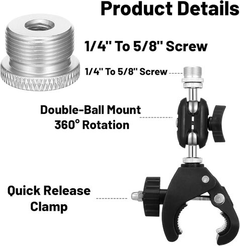 Mic Holder, Mic Crab Clamp Microphone Mount with Double Ball Head Adjustment 1/4" to 5/8" Thread Microphone Holder for Mic-Stand Desktop Shelf Drum in Saudi Arabia