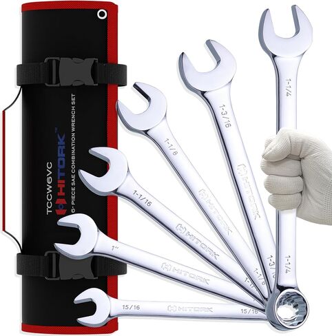 Hitork 6-Piece Large SAE Wrench Set, 12-Point Box End, Drop Forged Chrome-Plated Cr-V Steel, 15° Offset, Polished, Roll Pouch Included – Sizes 15/16" to 1-1/4" in Saudi Arabia