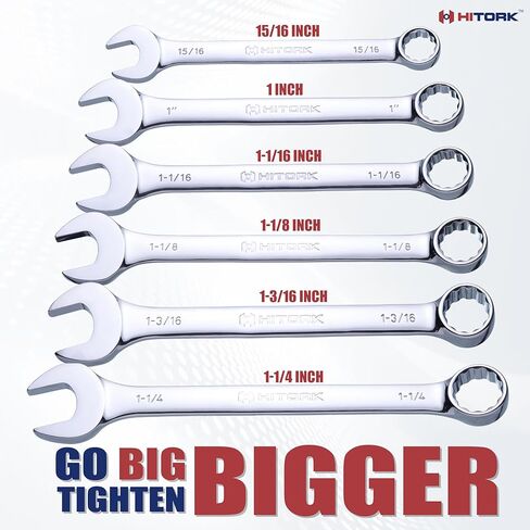 Hitork 6-Piece Large SAE Wrench Set, 12-Point Box End, Drop Forged Chrome-Plated Cr-V Steel, 15° Offset, Polished, Roll Pouch Included – Sizes 15/16" to 1-1/4" in Saudi Arabia