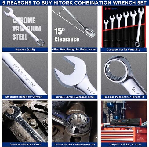 Hitork 6-Piece Large SAE Wrench Set, 12-Point Box End, Drop Forged Chrome-Plated Cr-V Steel, 15° Offset, Polished, Roll Pouch Included – Sizes 15/16" to 1-1/4" in Saudi Arabia