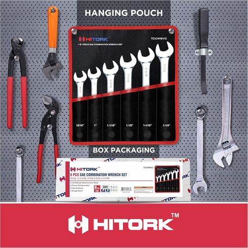 Hitork 6-Piece Large SAE Wrench Set, 12-Point Box End, Drop Forged Chrome-Plated Cr-V Steel, 15° Offset, Polished, Roll Pouch Included – Sizes 15/16" to 1-1/4" in Saudi Arabia