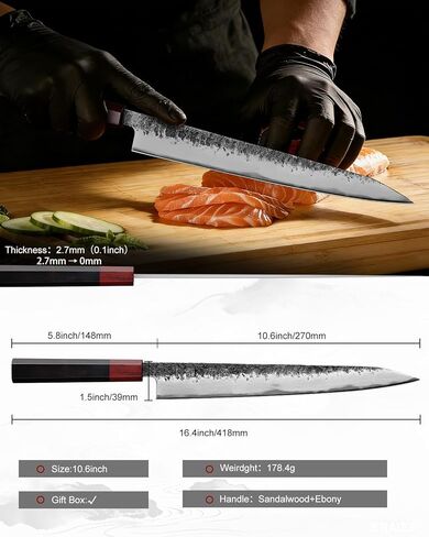 kanngou Sushi Knife 27cm Japanese Carving Knife, AUS-8 Steel Sujihiki Sashimi Knives for Fish Filleting and Meat Slicing, Double Edge Yanagiba Knives with Premium Gift Box in Saudi Arabia