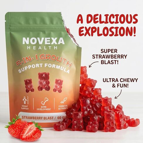Novexa Growth Gummies, Novexa Health 5 in 1 Growth Gummies, with Vitamin D3 & K2, Non-GMO Formula, Strawberry Flavor, 60 Count (1PCS) (1PCS) in Saudi Arabia