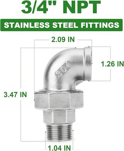 TAISHER 2PCS 304 Stainless Steel 90 Degree Elbow Union, 3/4" NPT Female x 3/4" NPT Male Cast Pipe Fitting in Saudi Arabia