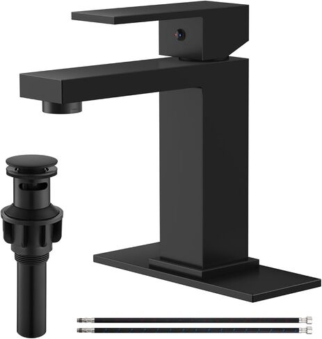 Heyalan Bathroom Faucet 1 Hole,Single Handle Bathroom Sink Faucet Modern Stainless Steel with Pop Up Drain Stopper & Water Supply Hoses,Matte Black in Saudi Arabia