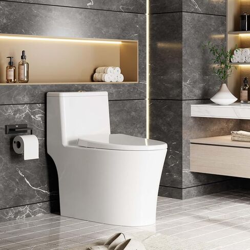 One Piece Elongated Toilet with Top Dual Flush and V Shape Soft Close Seat, Modern Bathroom Toilet for Home and Guest Use in Saudi Arabia