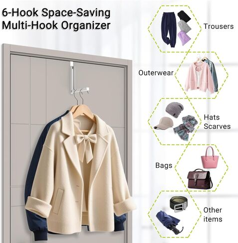 2-Pack Foldable Over-The-Door Hooks, Travel Portable Clothes Drying Rack, 6-Hook Space Saver for Clothing, Coats, Bags, Laundry Room, Bedroom, Bathroom, Entryway, Dorm - White in Saudi Arabia