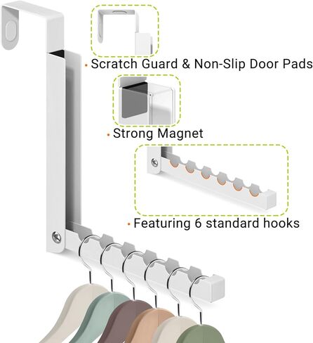 2-Pack Foldable Over-The-Door Hooks, Travel Portable Clothes Drying Rack, 6-Hook Space Saver for Clothing, Coats, Bags, Laundry Room, Bedroom, Bathroom, Entryway, Dorm - White in Saudi Arabia