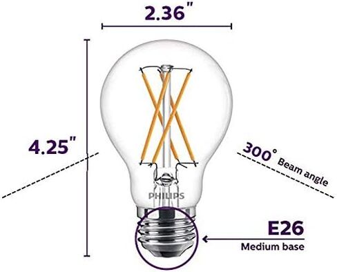 Philips LED Flicker-Free Dimmable Warm Glow Effect A19 Classic Glass Light Bulb, 800 Lumen, 2200-2700K, 8W=60W, E26 Base, Title 20 Certified, Pack of 8 in Saudi Arabia