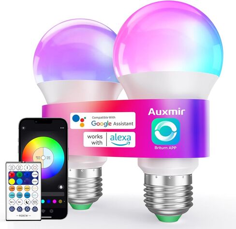 مصابيح إضاءة ذكية من Auxmir مع جهاز تحكم عن بعد، مصابيح LED ملونة RGB+CCT تعمل مع Alexa وGoogle Home، لمبة إضاءة متعددة المشاهد ومزامنة الموسيقى، A19 9W 800LM، WiFi Bluetooth 2.4 جيجا هرتز لا يتطلب محورًا، عبوتان in Kuwait