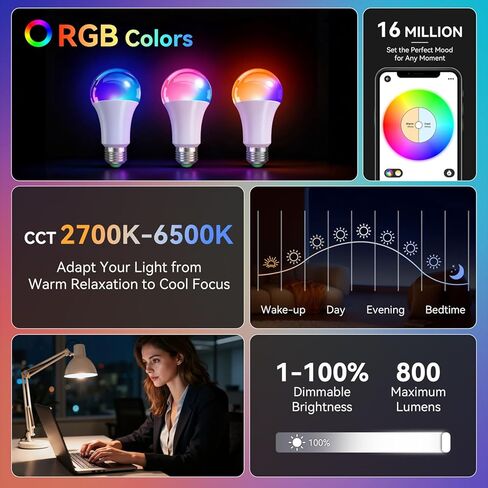 مصابيح إضاءة ذكية من Auxmir مع جهاز تحكم عن بعد، مصابيح LED ملونة RGB+CCT تعمل مع Alexa وGoogle Home، لمبة إضاءة متعددة المشاهد ومزامنة الموسيقى، A19 9W 800LM، WiFi Bluetooth 2.4 جيجا هرتز لا يتطلب محورًا، عبوتان in Kuwait