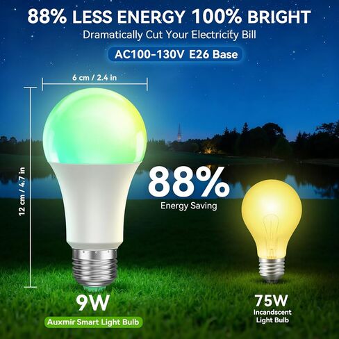 مصابيح إضاءة ذكية من Auxmir مع جهاز تحكم عن بعد، مصابيح LED ملونة RGB+CCT تعمل مع Alexa وGoogle Home، لمبة إضاءة متعددة المشاهد ومزامنة الموسيقى، A19 9W 800LM، WiFi Bluetooth 2.4 جيجا هرتز لا يتطلب محورًا، عبوتان in Kuwait