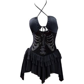 MEOWCOS Women One Piece Swimsuits Goth Skeleton Print Gothic Tummy Control Bathing Suit in Kuwait