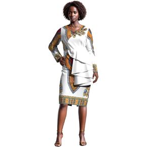 iooiooi Womens Long Sleeve African Dashiki Print Bodycon Dress Ruffle Details in Saudi Arabia
