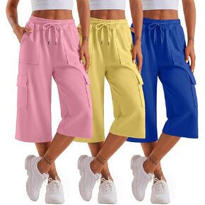 3 Pack Women's Capri Sweatpants Oversized Cargo Sweat Capris Baggy Drawstring Wide Leg Pants with 4 Pockets(Navy Blue,Yellow,Pink,Large) in Kuwait