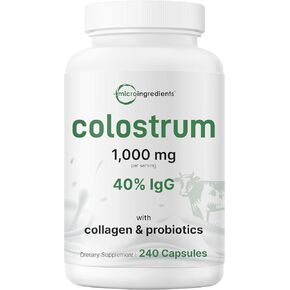 Micro Ingredients Bovine Colostrum 1,000 mg Per Serving, 240 Capsules | 40% IgG with Collagen & Probiotics | Colostrum Supplement with 10 Probiotic Strains | Non-GMO, Gluten Free in Kuwait