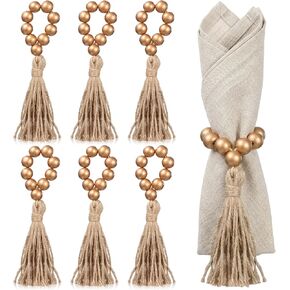 6 Pieces Wooden Bead Napkin Rings, Wooden Bead Easter Farmhouse Napkin Rings with Tassel, Natural Rustic Boho Napkins Ring for Dining Table Decor Wedding Party Thanksgiving Decoration in Kuwait