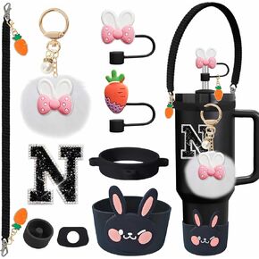 9PCS Rabbit Accessories Set for Stanley Cup, Including Rabbit Straw Toppers, Silicone Boot, Pom Pom Keychain, Handle Strap, Diamond Letter Stickers, for 30oz 40oz Tumblers in Saudi Arabia