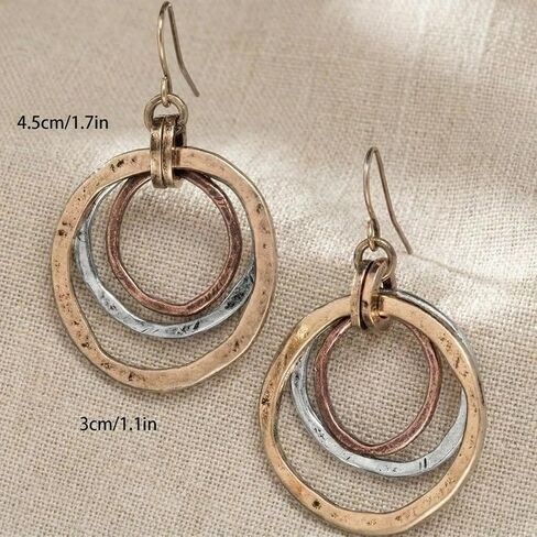 Mixed Metal Boho Earrings for Women, 3-Tone Antique Silver Gold Copper Drop Earrings, Hammered Texture Triple Circle Dangle Jewelry for Western Rustic Casual Gifts in Saudi Arabia