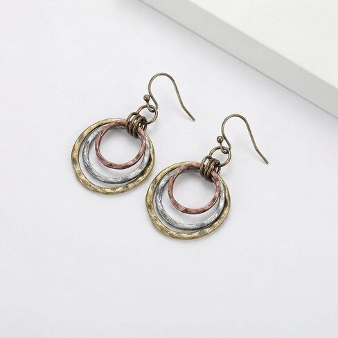 Mixed Metal Boho Earrings for Women, 3-Tone Antique Silver Gold Copper Drop Earrings, Hammered Texture Triple Circle Dangle Jewelry for Western Rustic Casual Gifts in Saudi Arabia