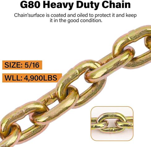 مجموعة مجلدات سلسلة G80 5/16 بوصة - 3/8 بوصة، مجهزة بخطاف سلسلة G80 وسلسلة ربط النقل 5/16 بوصة × 10 أقدام، مجلدات تحميل Rechat من الدرجة 80 5/16 إلى 3/8، حمل عمل 5,400 رطل للسحب in Kuwait