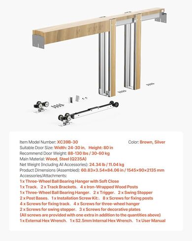 VEVOR Pocket Door Frame Kit, for 24-30 in Wide 80 in High Door, Pocket Door Kit with Two-Way Soft Close Mechanism, Slide Smoothly Quietly, Easy to Install, Wood and Galvanized Steel, for Living Room in Saudi Arabia