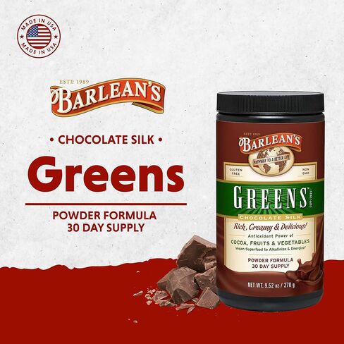 Barlean's Chocolate Greens Powder, Daily Fruit and Vegetable Superfood Supplement, Green Antioxidant Blend and Fiber Smoothie Drink Mix, 9.52 oz in Kuwait