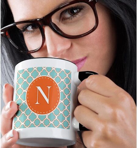 3dRose mug_210615_4 Letter M Monogram Orange And Blue Quatrefoil Pattern Mug, Black/Blue, 11 oz in Saudi Arabia