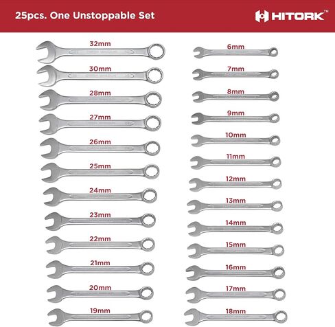 HITORK 25 Piece Metric Wrench Set (6-32 mm) CrV Steel Matt Finish with Polished Head 12 Point Box End 15° Offset Roll Up Pouch Durable Combination Wrench Set for Home, Garage & Auto Repair in Saudi Arabia