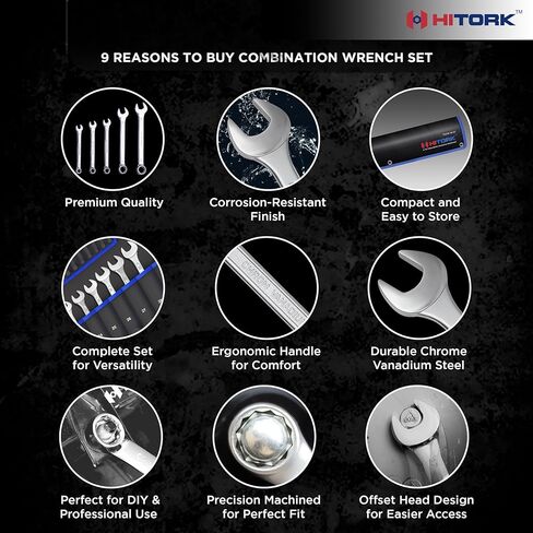 HITORK 25 Piece Metric Wrench Set (6-32 mm) CrV Steel Matt Finish with Polished Head 12 Point Box End 15° Offset Roll Up Pouch Durable Combination Wrench Set for Home, Garage & Auto Repair in Saudi Arabia