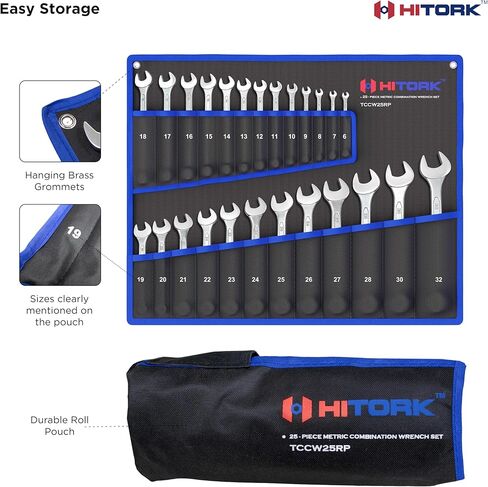 HITORK 25 Piece Metric Wrench Set (6-32 mm) CrV Steel Matt Finish with Polished Head 12 Point Box End 15° Offset Roll Up Pouch Durable Combination Wrench Set for Home, Garage & Auto Repair in Saudi Arabia