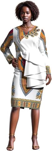 iooiooi Womens Long Sleeve African Dashiki Print Bodycon Dress Ruffle Details in Kuwait