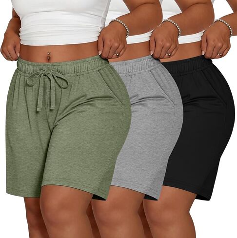 Ficerd 3 Pack المرأة زائد برمودا السراويل القطنية الرباط طول الركبة Sweatpants السراويل الرياضية عارضة السراويل مع جيوب in Saudi Arabia