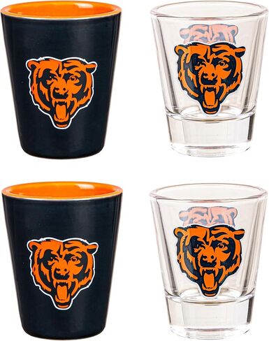Team Sports America NFL Chicago Bears Shot Glass Gift Set – 4-Piece 2oz Ceramic & Glass Collector Cups, Football Barware for Vodka, Whiskey, Tequila, Espresso, Holiday Christmas Gift for Fans in Saudi Arabia