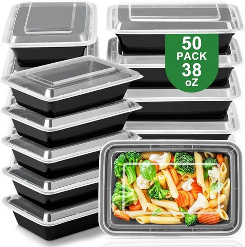 50 عبوة من حاويات إعداد الوجبات مع أغطية 38oz - حاويات تخزين طعام خالية من مادة BPA وقابلة لإعادة الاستخدام ومانعة للتسرب - آمنة للاستخدام في الميكروويف/غسالة الأطباق/الفريزر، لإخراج أواني تخزين الطعام البلاستيكية (أسود) in Kuwait