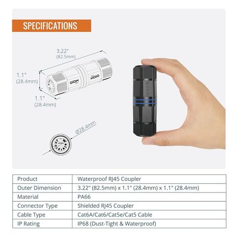 Tecmojo Waterproof Cat6 Coupler, IP68 Outdoor Ethernet Connector for CAT6/CAT5E/CAT5,Shielded RJ45 Ethernet Extender for IP Camera and PoE Device, 3.2in,6 Pack in Kuwait