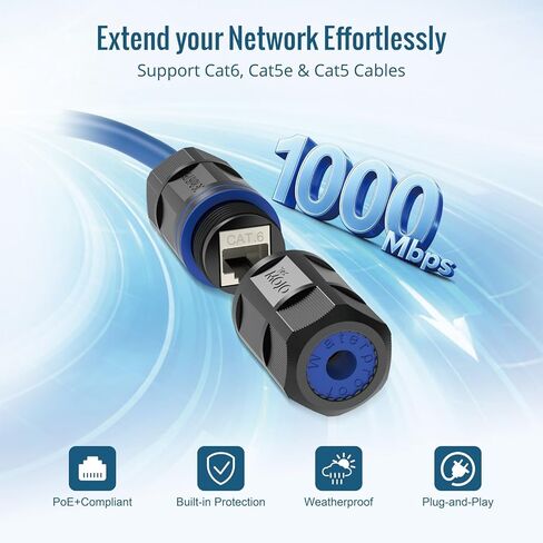 Tecmojo Waterproof Cat6 Coupler, IP68 Outdoor Ethernet Connector for CAT6/CAT5E/CAT5,Shielded RJ45 Ethernet Extender for IP Camera and PoE Device, 3.2in,6 Pack in Kuwait